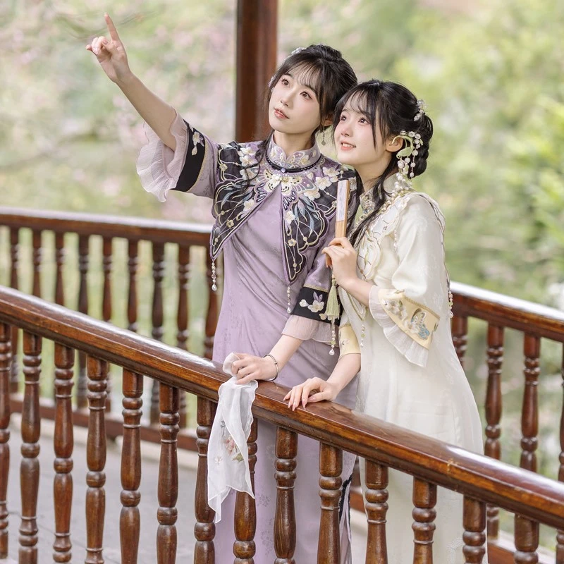 川黛时光：夏玉腰奴 民国风蝴蝶刺绣云肩改良旗袍两件套女夏