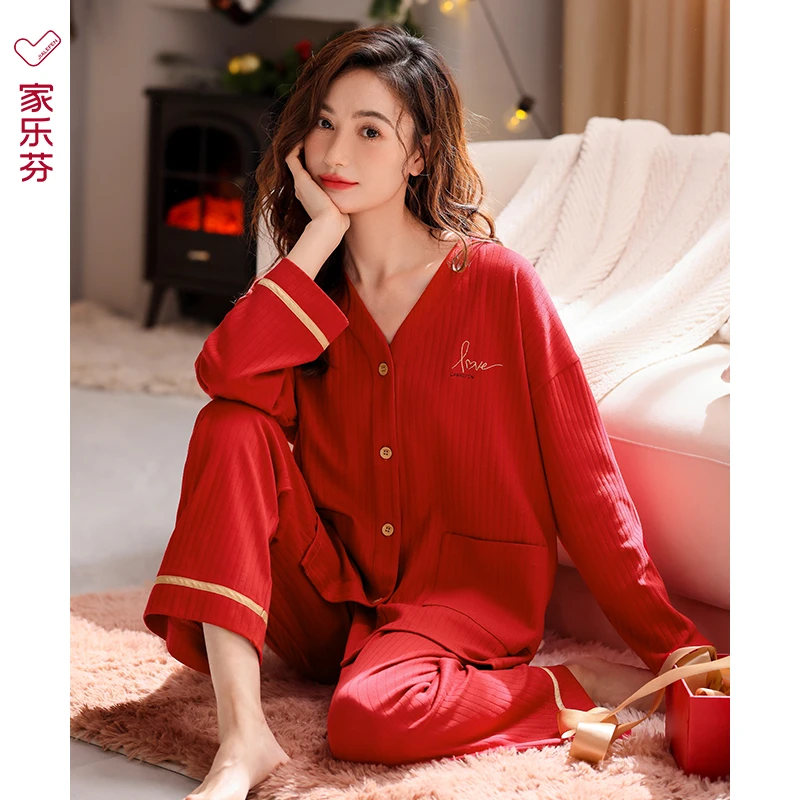 家乐芬睡衣女士春秋款秋季纯棉长袖秋冬款家居服本命年大红色兔年