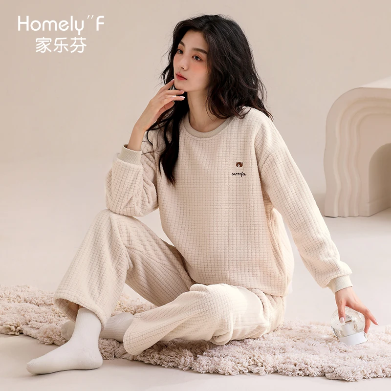 家乐芬睡衣女冬季秋冬款法兰绒加绒加厚保暖珊瑚绒家居服冬天套装