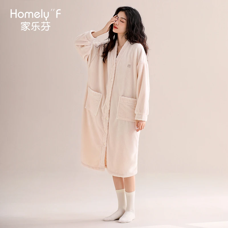 家乐芬睡袍女士睡衣浴袍秋冬款冬季长款法兰绒加厚加绒珊瑚绒冬天