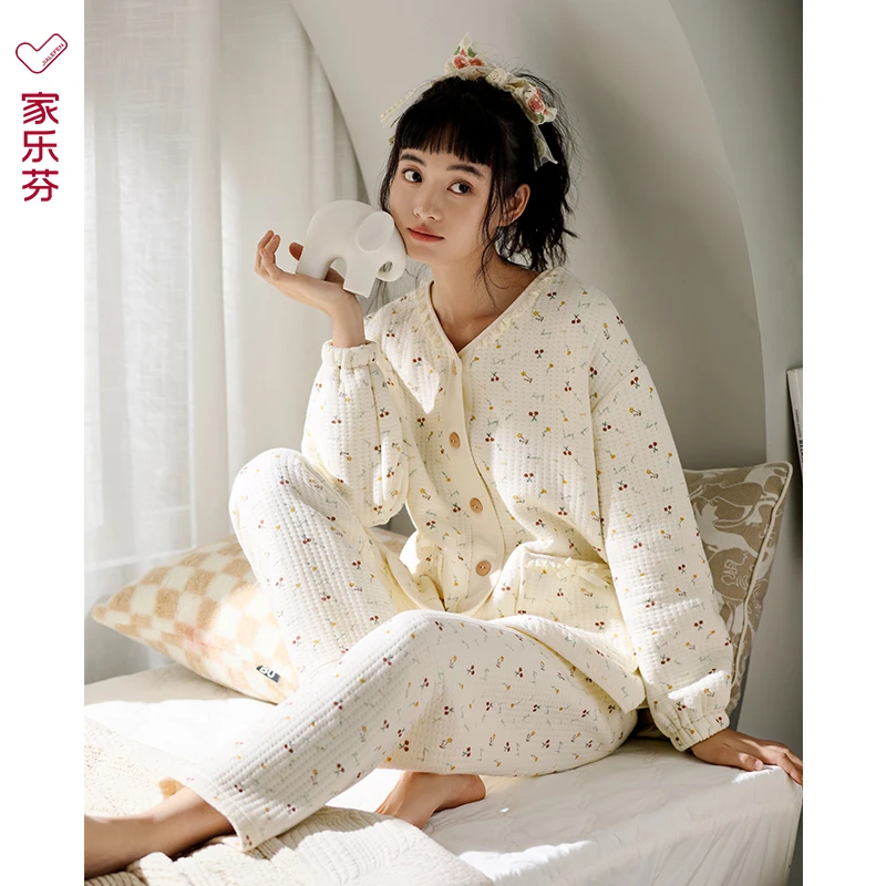 睡衣女士春秋季加厚纯棉长袖家居服秋冬款冬季空气棉夹棉夹层套装