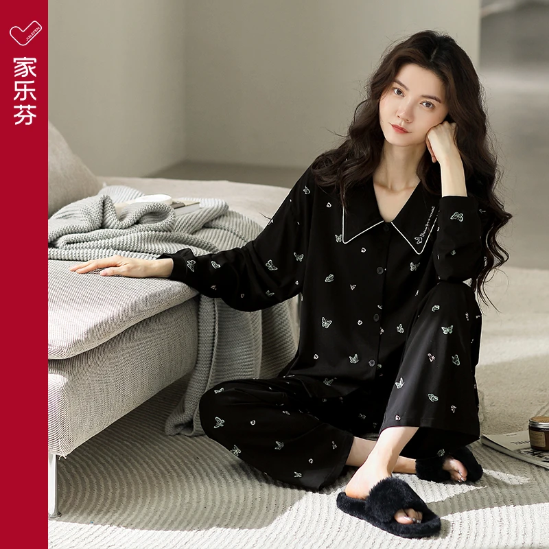 家乐芬蝴蝶睡衣女款春秋款秋季莫代尔长袖家居服夏季薄款冰丝套装