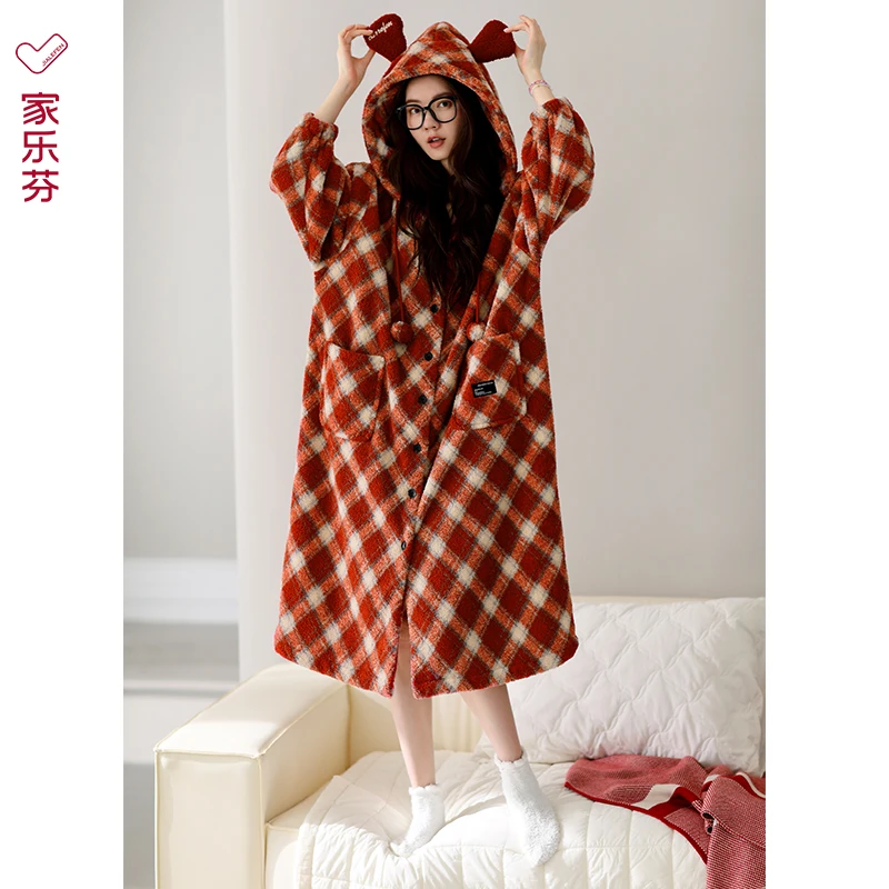 家乐芬睡袍女士冬季半边绒浴袍加厚保暖连帽大码秋冬款中长款晨袍