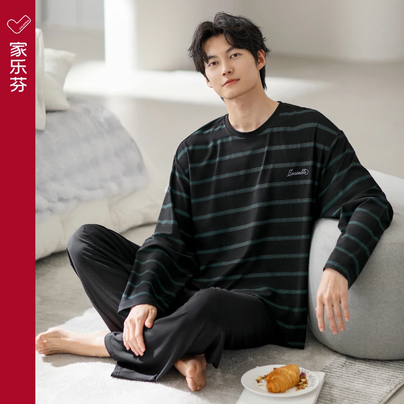 家乐芬睡衣男士春秋款秋季纯棉长袖家居服男款圆领套头条纹可外穿