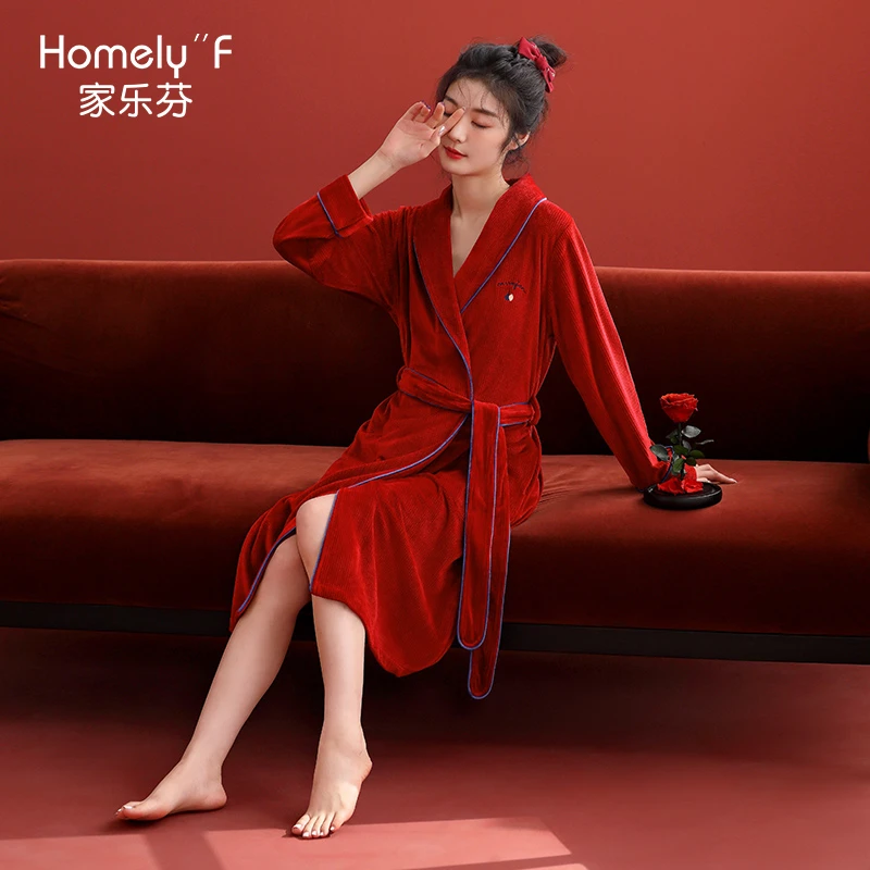 睡袍女睡衣浴袍秋冬款冬季法兰绒加厚加绒珊瑚绒本命年大红色兔年