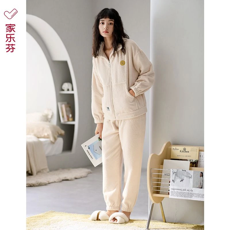 家乐芬女士睡衣冬季女款秋冬款法兰绒加绒加厚款珊瑚绒家居服冬天