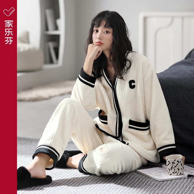 家乐芬女士睡衣秋冬款冬季法兰绒加绒加厚款珊瑚绒保暖家居服冬天