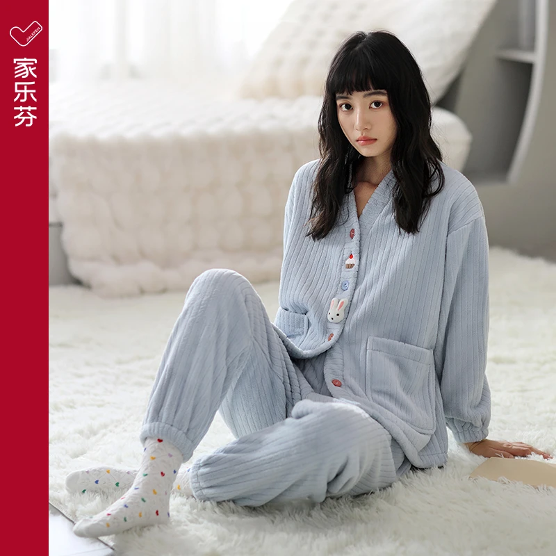 家乐芬女士睡衣冬季秋冬款法兰绒加绒加厚款珊瑚绒保暖家居服冬天