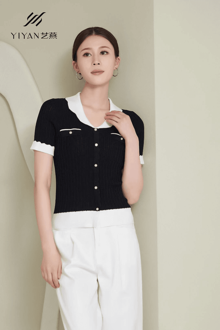 YIYAN艺燕—夏季新款花瓣领修身显瘦针织衫