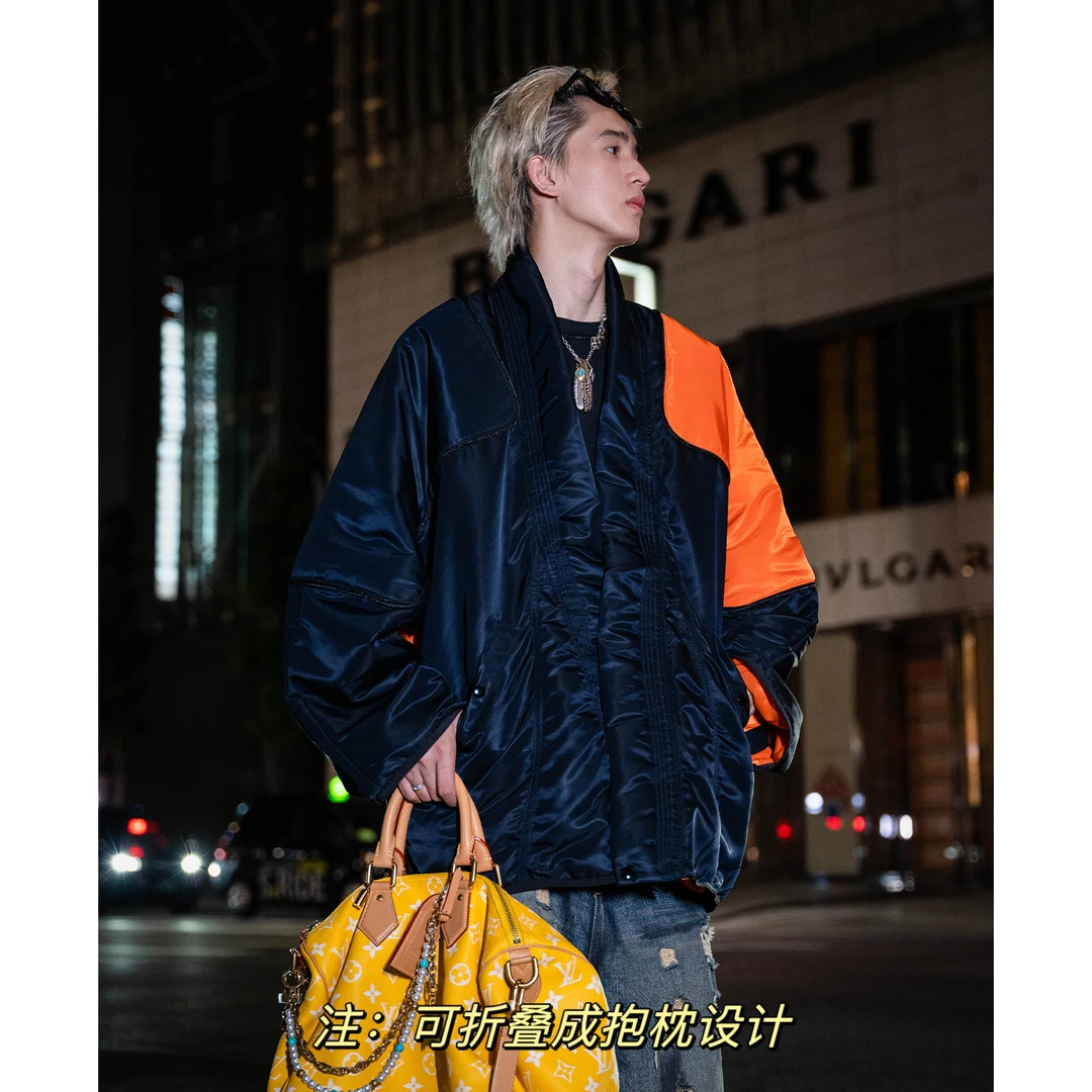 聪明陈【抱枕棉服】美式休闲鸳鸯拼接色飞行夹克外套男宽松开衫上衣