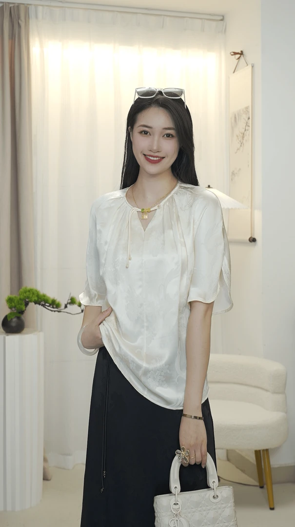 夏季新中式国风高端上衣真丝浮雕冠乐邹短袖T圆领桑蚕丝百搭上衣