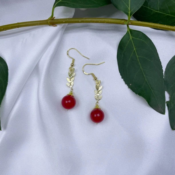 铜合金耳饰 红色圆珠耳坠女款百搭古风耳饰气质耳钩耳环饰品39