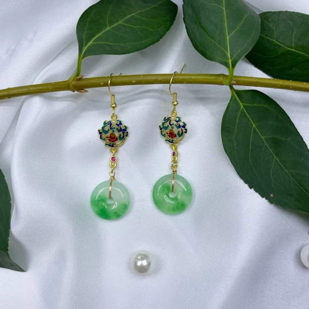 绿色平安扣耳坠飘花s925银钩设计师耳环复古百搭中国风46国风耳环