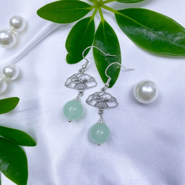 铜合金耳饰 浅绿色仿玉耳环女款古风扇子复古耳环港风新中式143