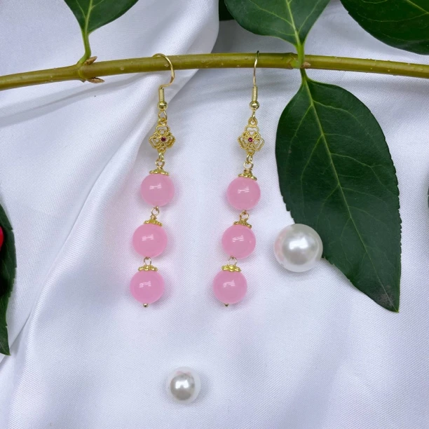 铜合金耳饰 粉色晶晶耳坠女款防过敏耳钩新中式复古流苏耳环101