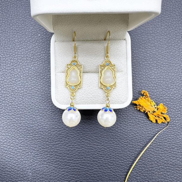 铜合金珐琅耳饰 白色珠光耳坠女925银耳钩葫芦景泰蓝工艺设计209