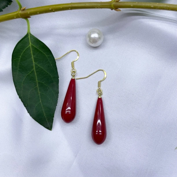 铜合金树脂耳饰 酒红色长水滴女款耳坠复古耳环港风百搭简约气质9