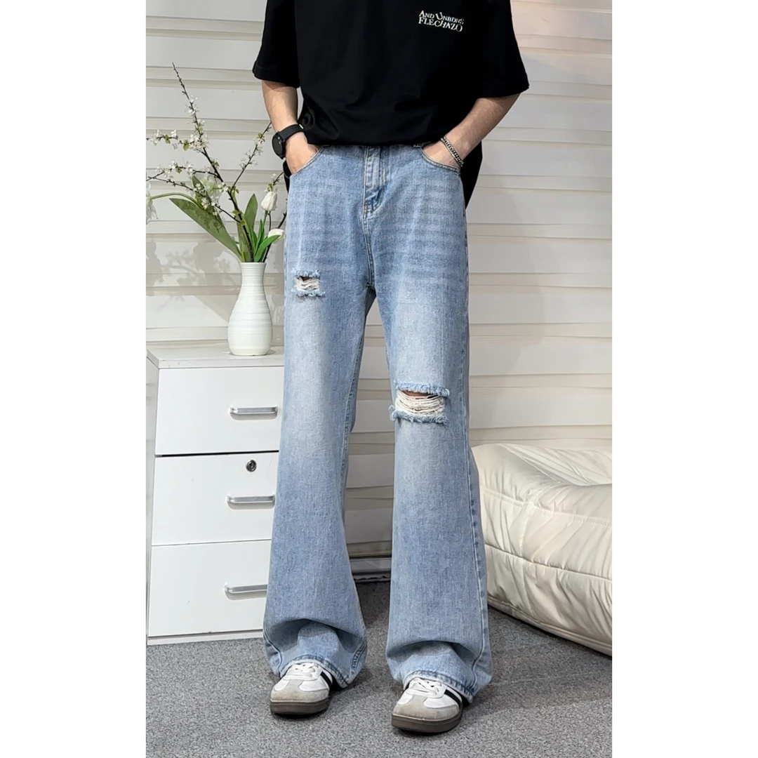 高街复古水洗破洞微喇叭牛仔裤男女宽松vintage国潮裤高街长裤ins