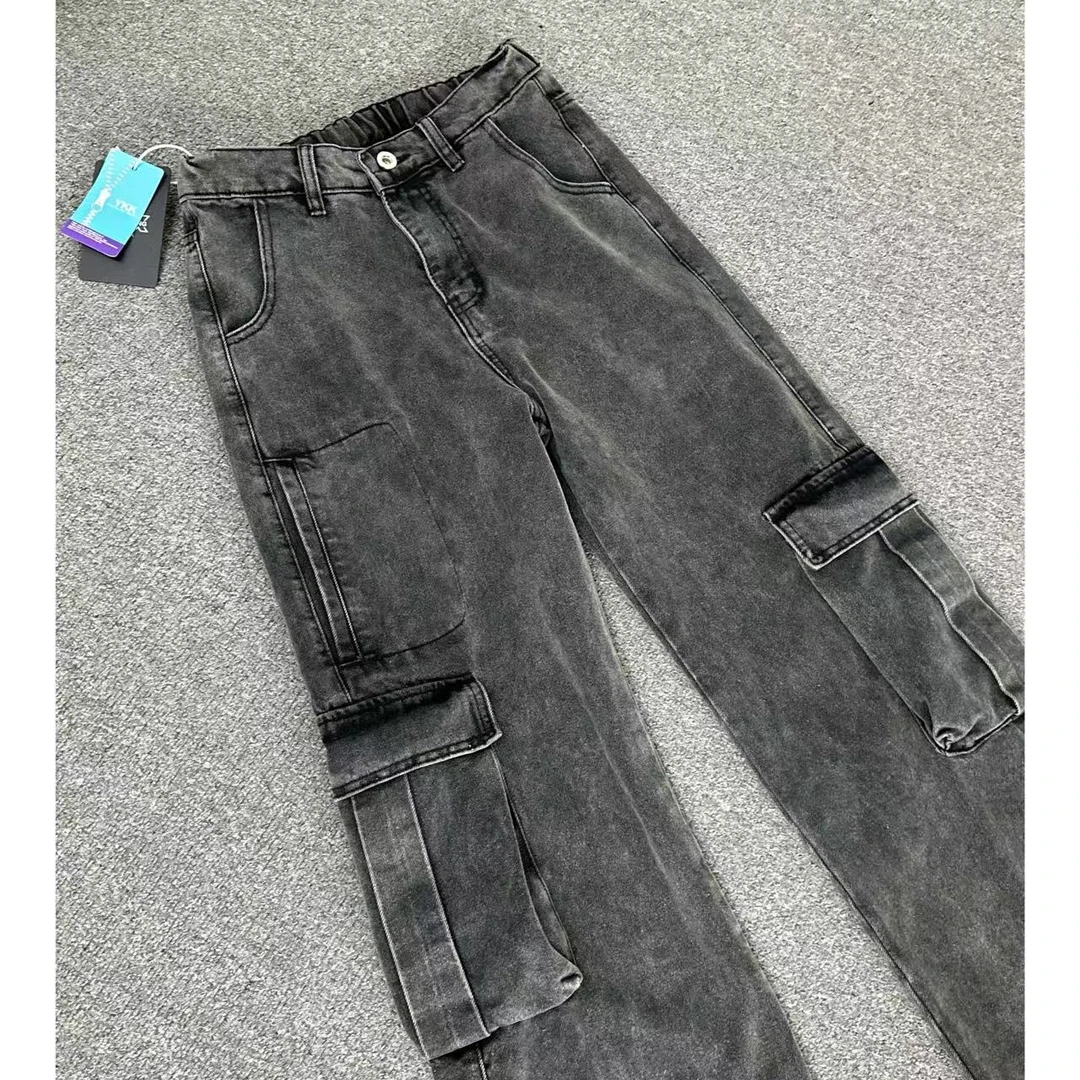 MKSN美式高街水洗工装牛仔裤男款秋季潮宽松直筒微喇叭大口袋设计