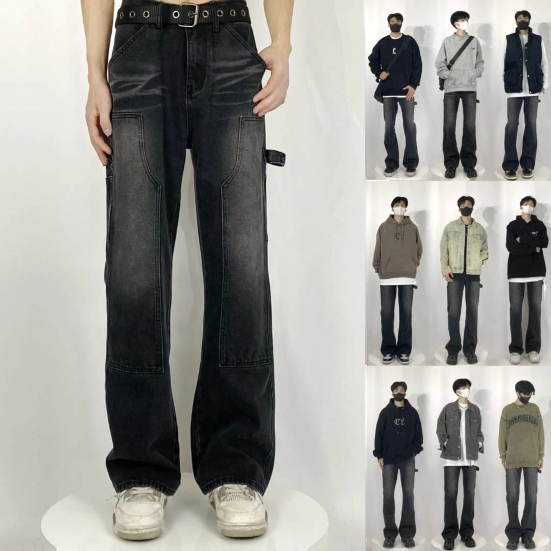 MKSN工装复古做旧水洗裤子设计感直筒小众高街百搭长裤微喇牛仔裤