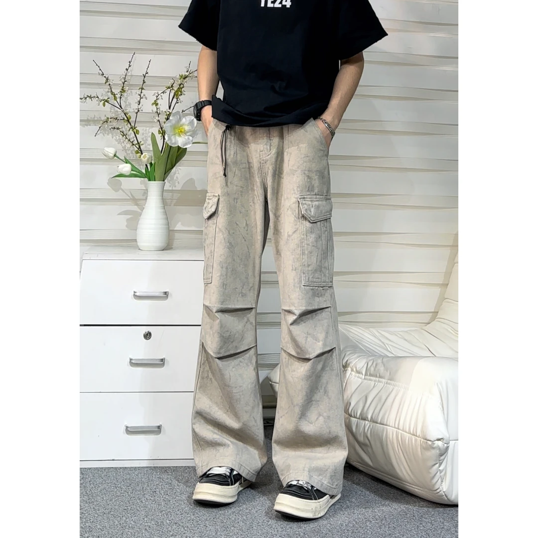 MKSN美式复古大理石迷彩花纹工装口袋直筒阔腿裤男宽松休闲百搭潮