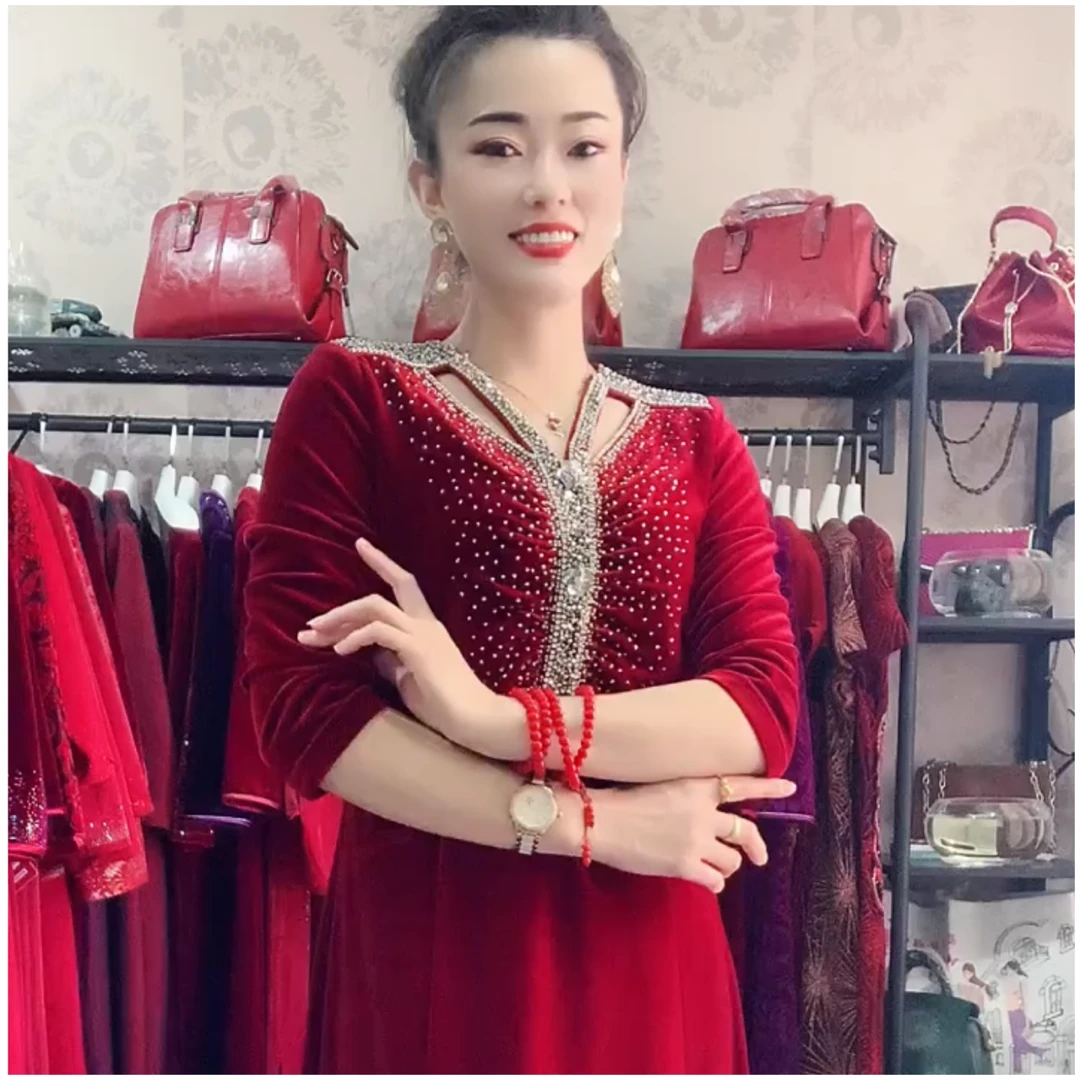 87173重工钉珠喜婆婆妈妈婚宴礼服丝绒连衣裙
