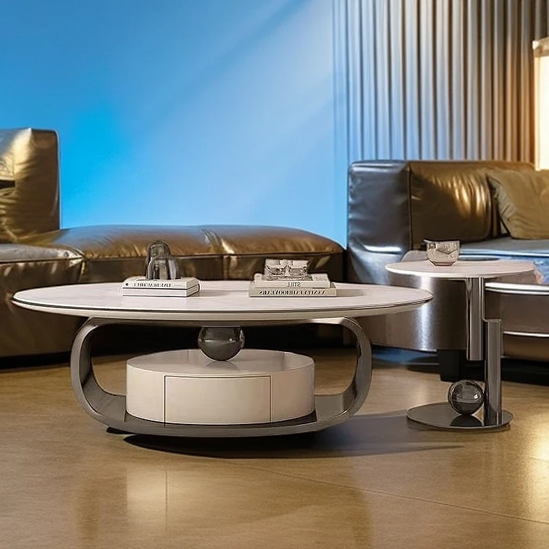 元宝茶几新款客厅别墅轻奢椭圆形圆形岩招财板茶几组合家用极简