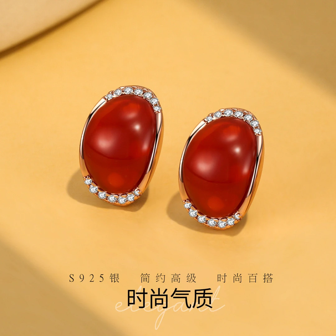 BRI.R/佰色传情 925银耳饰 轻奢复古红色中国风精致耳钉耳针耳环