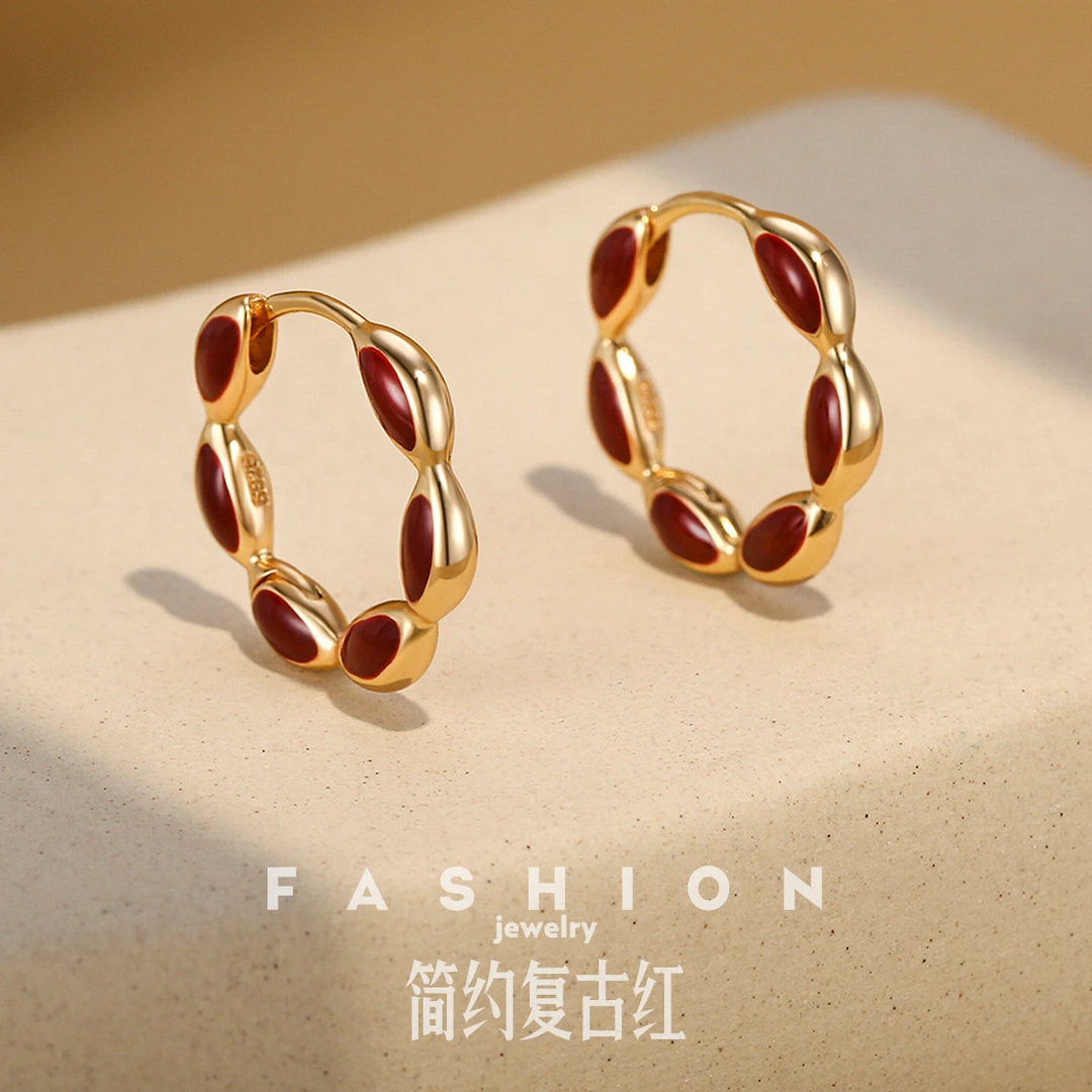 925银珐琅耳饰 （无包装）法式轻奢简约复古红百搭女耳圈耳环耳饰