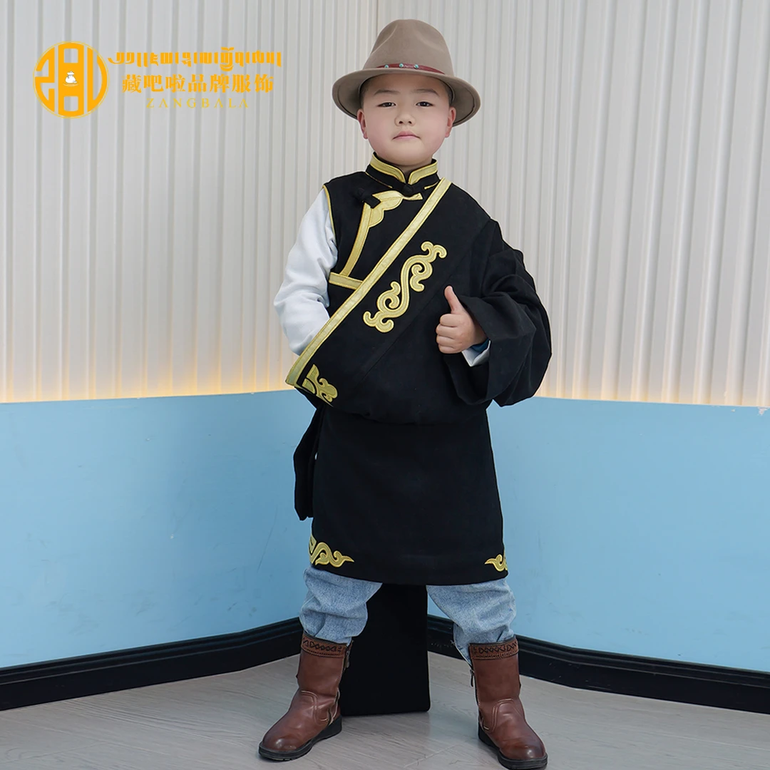 藏吧啦童装男孩贴绣高档马夹套袖套装藏袍民族服饰儿童藏装春秋款