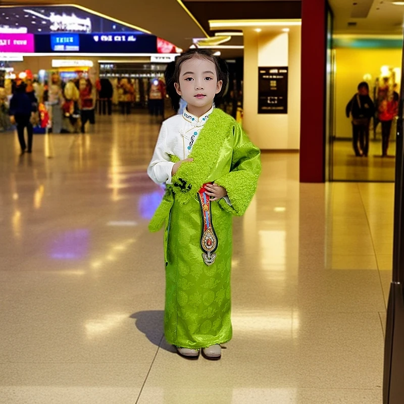 藏吧啦童装女孩高档复合小羊圈康巴藏袍民族服装儿童民族风藏装