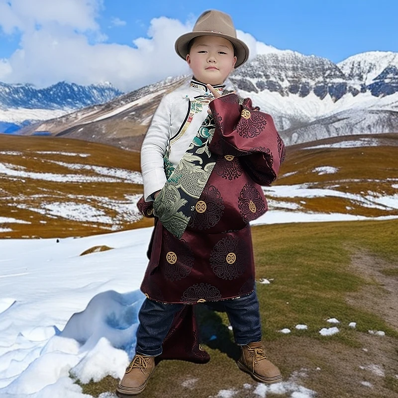 藏吧啦童装男孩复合安多天珠加厚民族服装儿童藏装安多冬季单藏袍