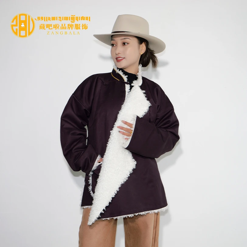 藏吧啦女士天麻料落肩袖复合棉衣立领加厚保暖秋冬民族服装藏服