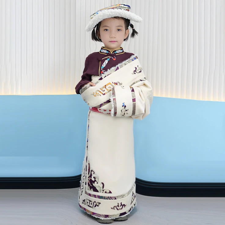 藏吧啦童装女孩康巴皮毛一体割花棉藏袍民族服饰加厚儿童女童藏袍