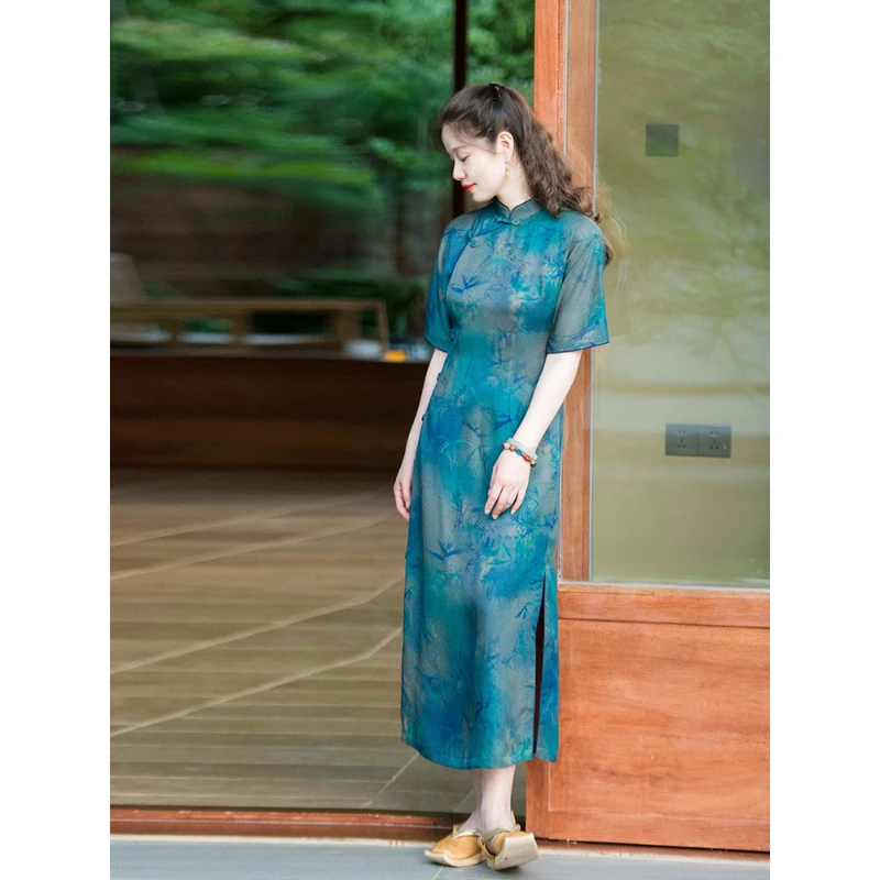 蘭襟【山中观静】二经绞罗香云纱立领方襟改良旗袍夏中国风气质日常