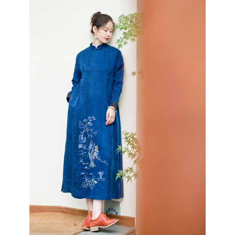 蘭襟【她从东方来】日常新中式重磅透孔罗缎面香云纱重工手绣连衣裙