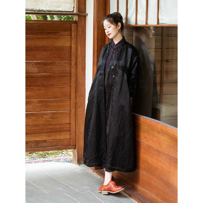 蘭襟【温柔的余韵】农工缎香云纱对襟盘扣风琴褶长款风衣外套设计师