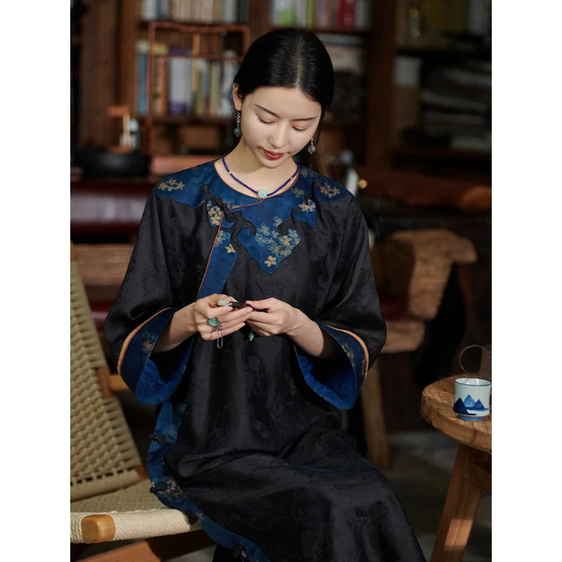 蘭襟【兰亭序】重工重磅透孔罗缎面香云纱宽松大袍子连衣裙复古蓝色