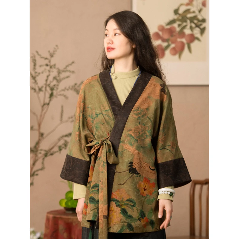 蘭襟【春日鹤】绢纺香云纱双面穿中长款系带外套女春复古中国风