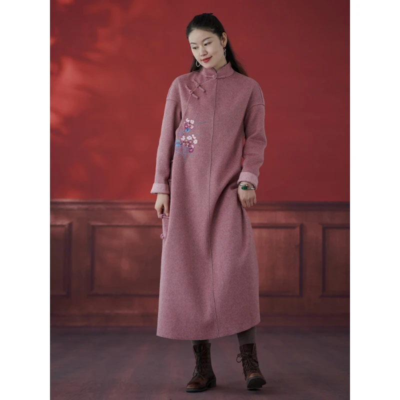 蘭襟【眠】立领手工盘扣手绣羊绒两色旗袍大衣秋冬气质国风长款