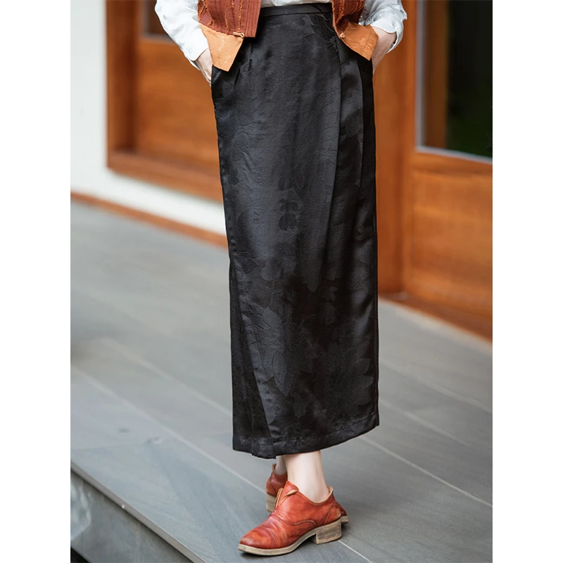 蘭襟【山海可平】重磅提花缎香云纱直筒裙半身长裙复古国风百搭气质