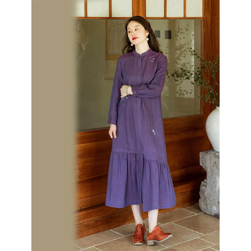 蘭襟【彼此宁静】日常新中式色织亚麻立领盘扣手绣连衣裙复省心穿搭