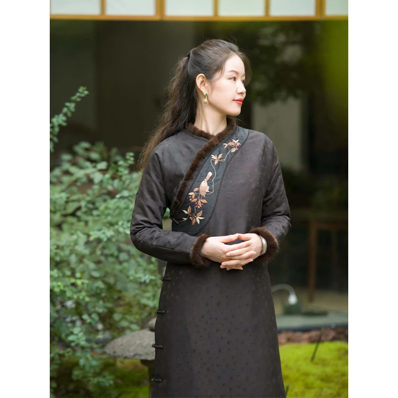 蘭襟【林梢听布谷】提花缎香云纱绣花棉袍中国风斜襟中式复古传统