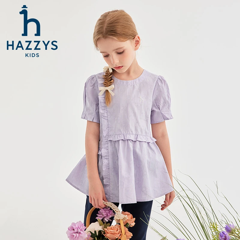 Hazzys/哈吉斯品牌童装女童短袖时尚夏季女孩紫色洋气裙式上衣