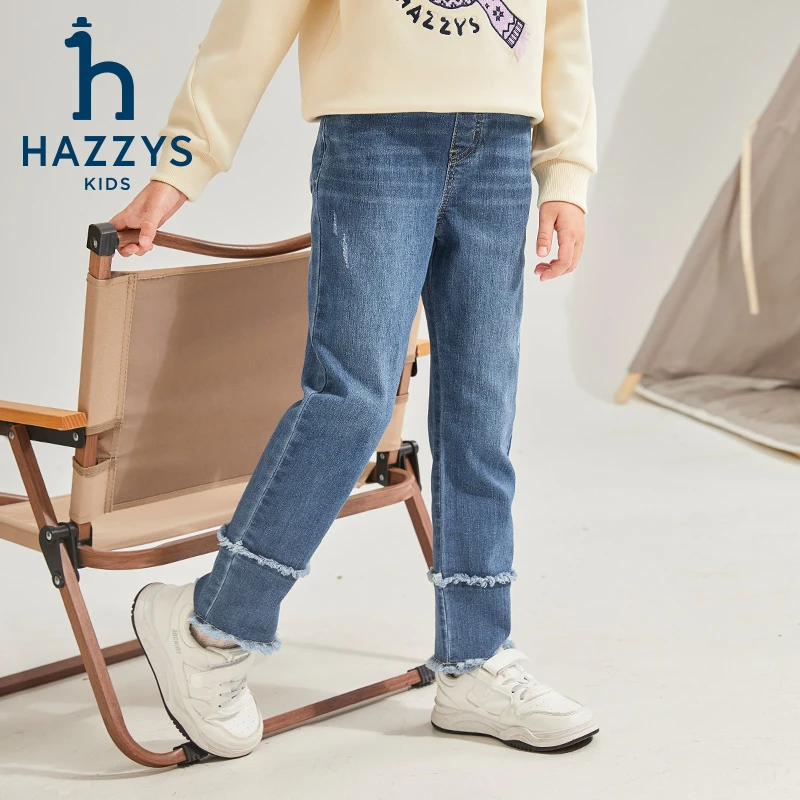 Hazzys/哈吉斯品牌童装女童牛仔裤时尚蓝色儿童宽松时尚水洗百搭
