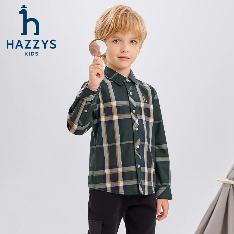 Hazzys/哈吉斯品牌童装男童衬衫长袖休闲时尚中大童春季秋季格子