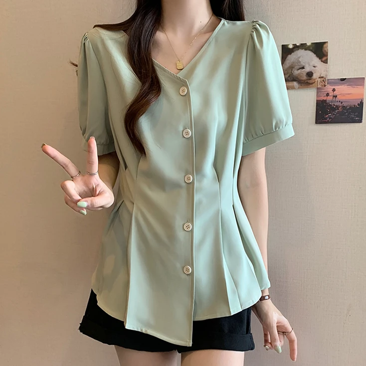 AFONE2024夏装新款胖mm大码女显瘦遮肉别致短袖小衫百搭衬衣上衣