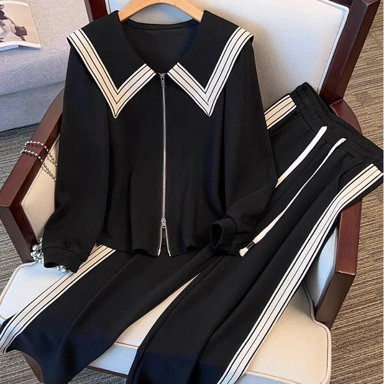 2024新款美式复古条纹休闲短外套+高级感高腰阔腿裤运动套装