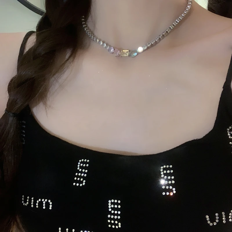铜合金合成锆石项链 彩色多巴胺镶钻高级感项链气质设计感时尚