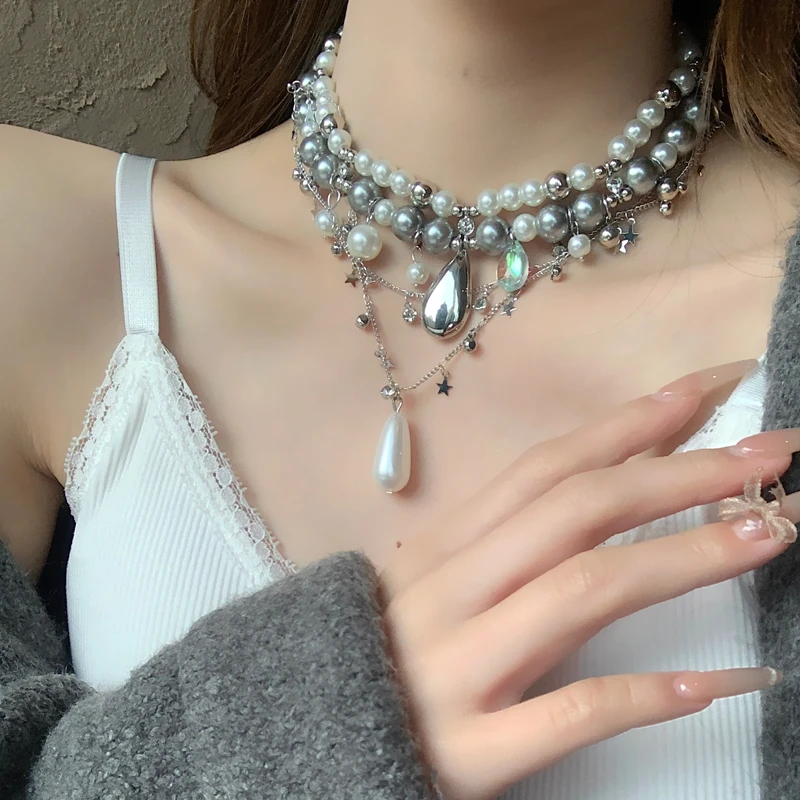 铜合金项链 轻奢法式复古微镶水滴项链小众多层choker锁骨链女